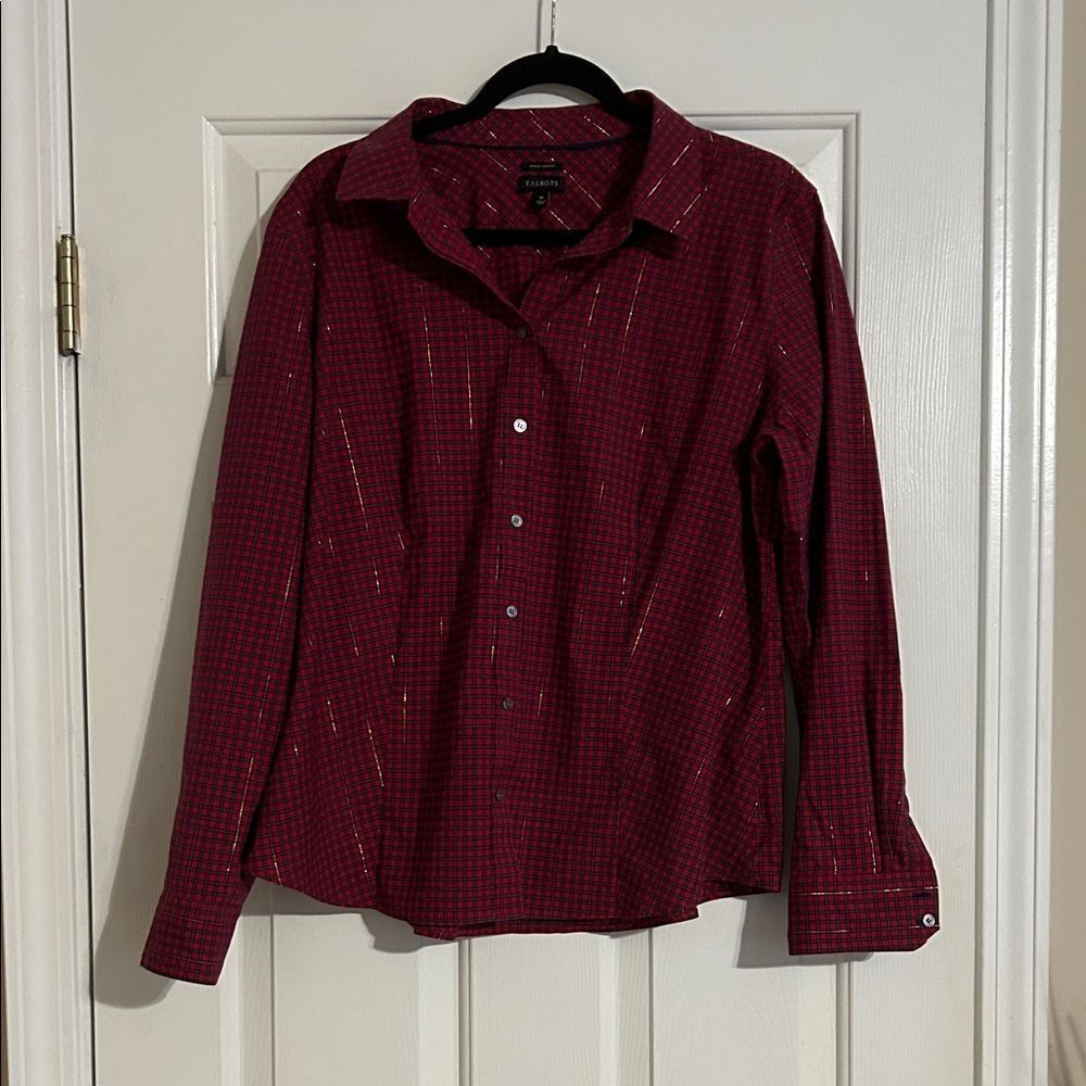 Talbots Holiday Fitted WrinkleโResistant Red Plaid Women's Button Down Blouse.